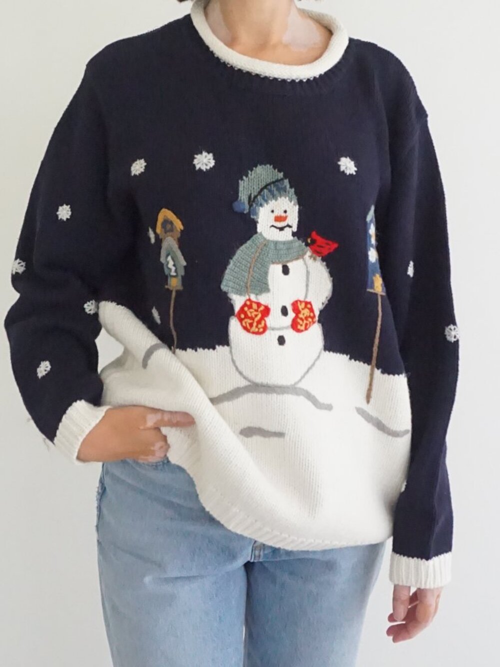 Vintage Fiberworks Navy White Snowman Cardinal Birdhouse Christmas Knit SweaterL